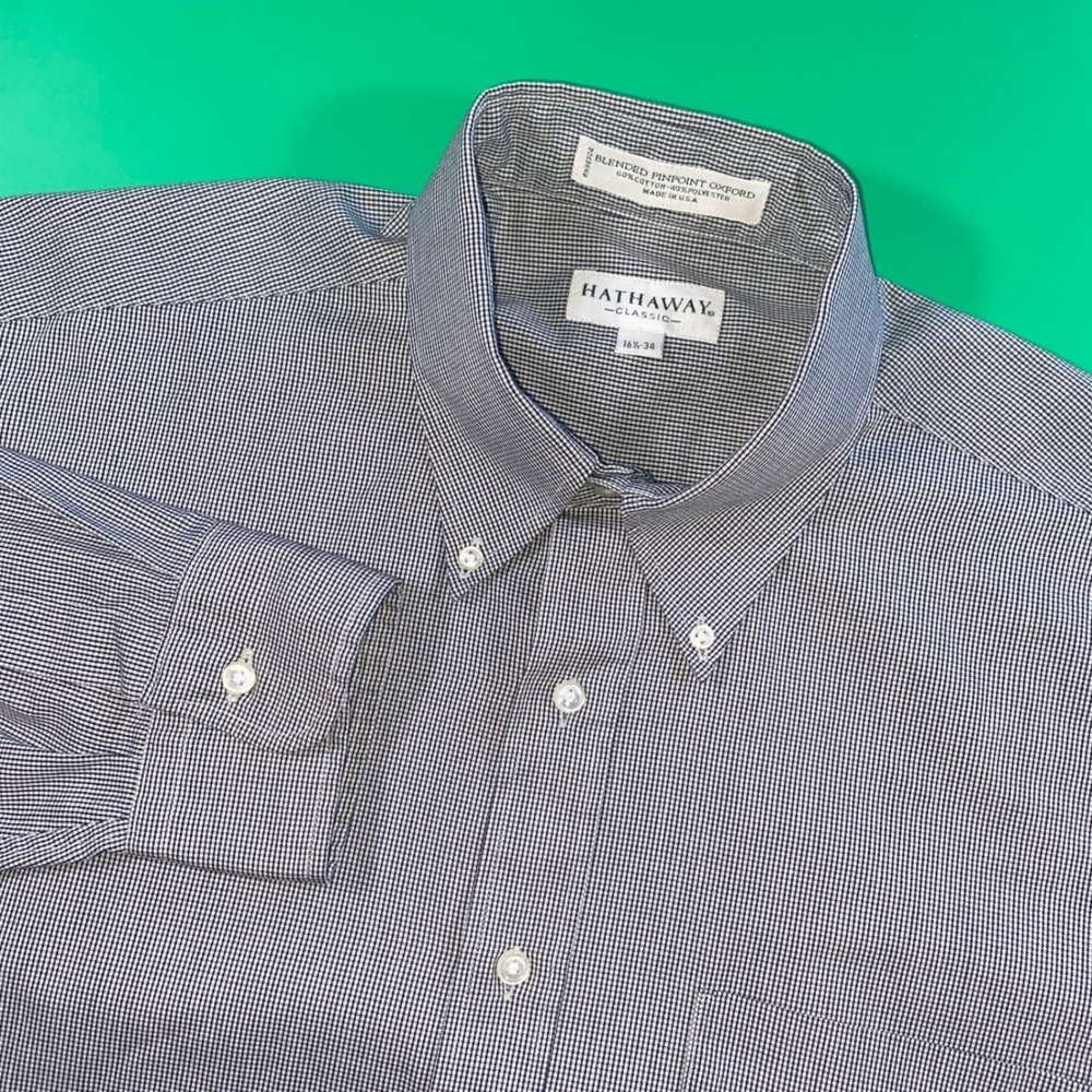 Hathaway Classic Mens Button Down Shirt Long‎ Sleeve Checkered Pinpoint Oxford